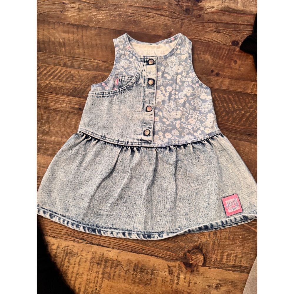 Vintage Little Levis Girls Acid Wash Denim Floral Dress Sleeveless Blue Pink 90s